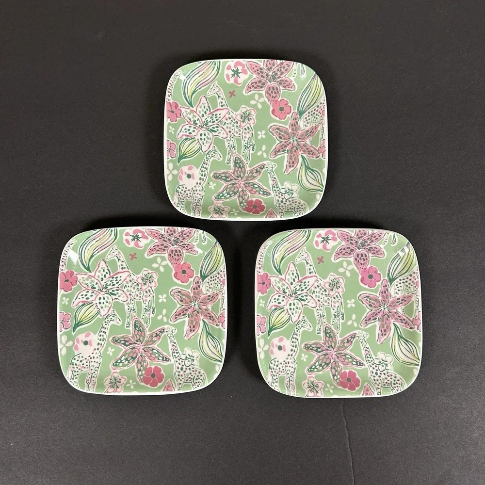 Giraffe Floral Trinket/Soap Dish Set of 3 Pink Green 4.5 inch Whimsical